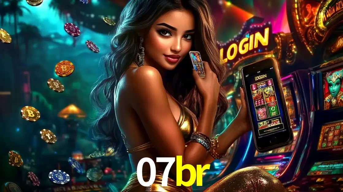 Mulher em um cenário de cassino temático de aventura, mostrando o app de caça-níqueis da 07br no celular. Fichas de apostas flutuam ao redor.